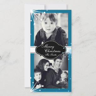 God jul-familjen, två fotokort, vit blått julkort