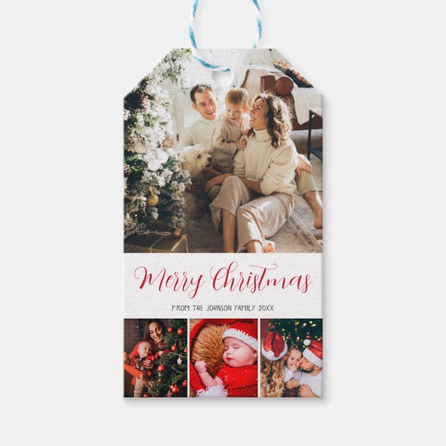God jul-familjens foton röd kalligrafteckensnitt presentetikett (Framsidan)