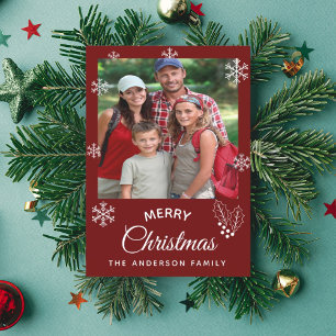 God jul-familjens fotoskript för mörk röd julkort