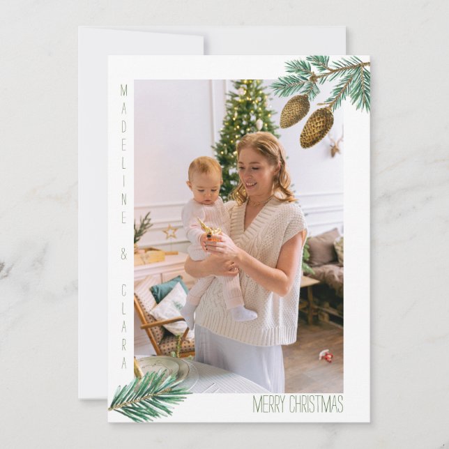 God jul-familjfoto grönt gräs grenar julkort (Framsida)