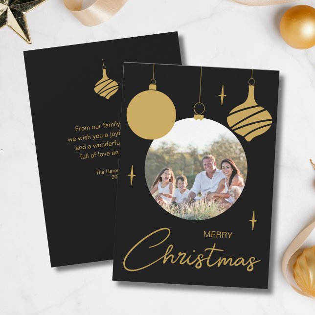 God jul Family Photo Black och Guld Julkort (Merry Christmas Family Photo Black and Gold Holiday Card)