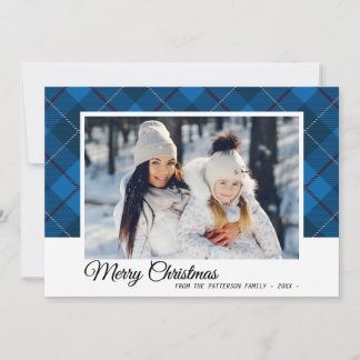 God jul Family Photo Blue Tartan Stil Kort