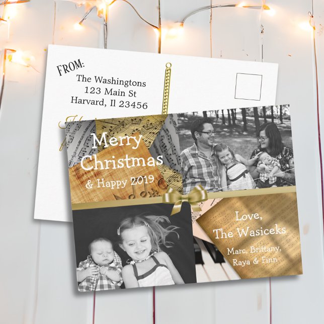 God jul Family Photo Guld Bow Musical Note Helg Vykort (Skapare uppladdad)