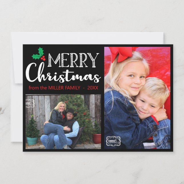 God jul Family Photo Hand Lettered Black Julkort (Framsida)