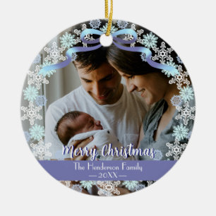 God jul Family Photo Namn Light Blue Lila Julgransprydnad Keramik