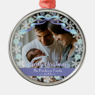 God jul Family Photo Namn Light Blue Lila Julgransprydnad Metall