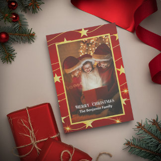 God jul Family Photo Red Elegant Kort