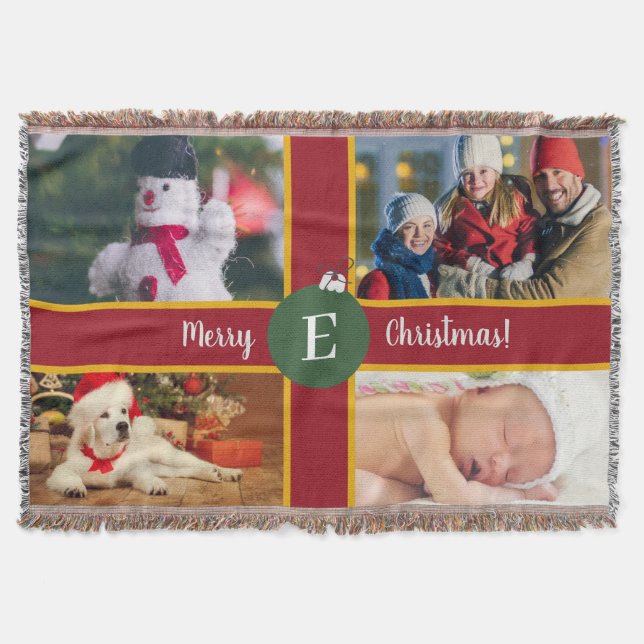 God jul Family Photo Red Grönt Monogram Filt (Framsidan)