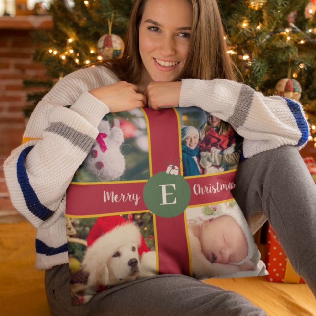 God jul Family Photo Red Grönt Monogram Kudde (Skapare uppladdad)