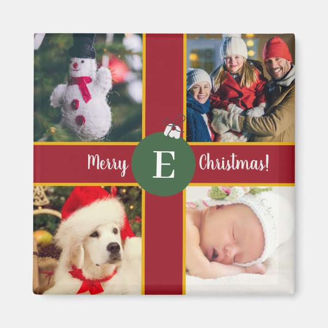 God jul Family Photo Red Grönt Monogram Magnet (Framsidan)