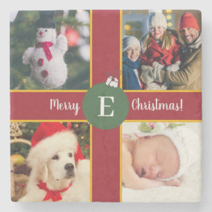 God jul Family Photo Red Grönt Monogram Stenunderlägg