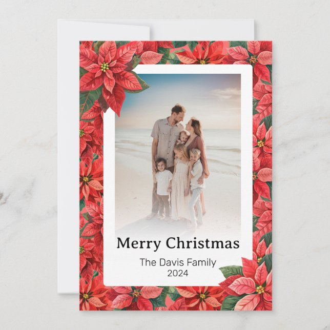 God jul Family Photo Red Poinsettia Flower Julkort (Framsida)