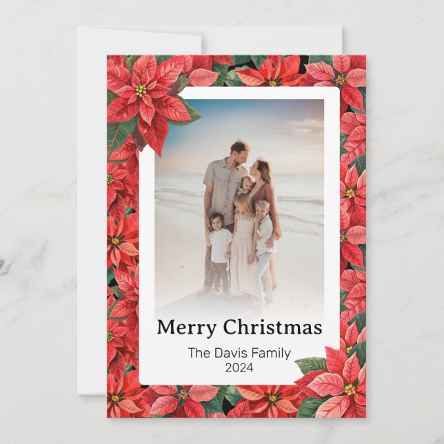 God jul Family Photo Red Poinsettia Flower Julkort (Framsida)