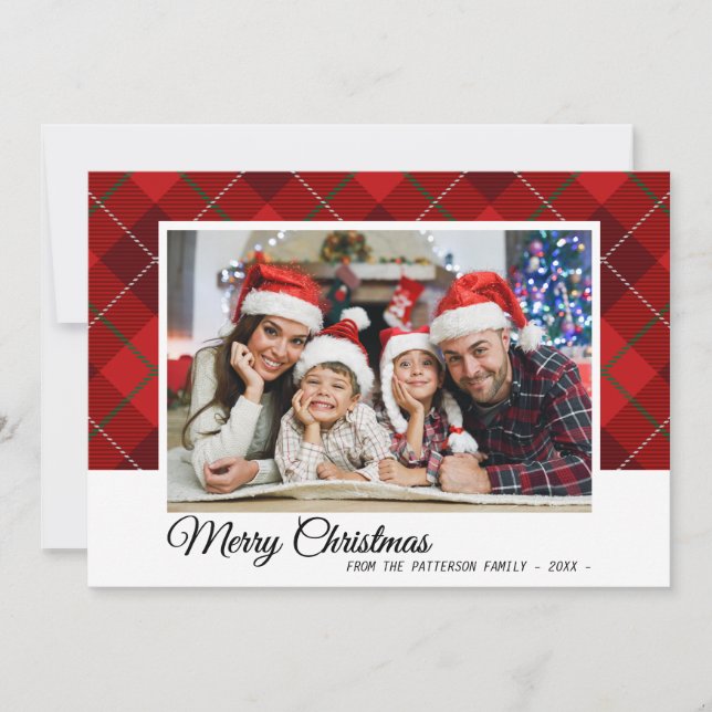 God jul Family Photo Red Tartan Stil Kort (Framsida)