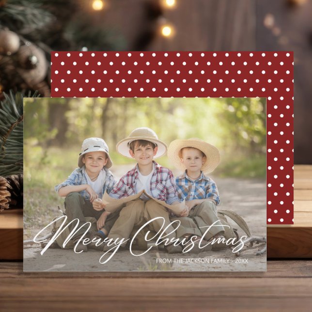 God jul Family Photo Red White Polka Dot Julkort (Family photo Christmas greeting card)