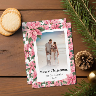 God jul Family Photo Rosa Poinsettia Julkort