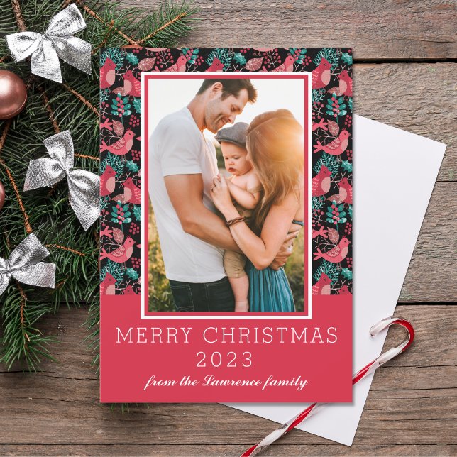 God jul Family Photo Winter Birds Berries Julkort (Skapare uppladdad)