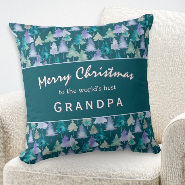God Jul Farfar Vattenfärgsträd Beställning Kudde (A stylish pillow for the 'World's Best Grandpa', with jade and lilac Christmas trees pattern)