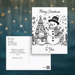 God jul Färg Me | Snögubbe och Bunny Vykort<br><div class="desc">Personlig julkort med färgsidor. Färgsidor är en snögubbe och en bunny med Julgranar,  måne och snöflingor på framsidan. Baksidan av vykortet innehåller ett helgdag som du kan anpassa.</div>