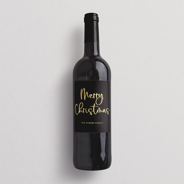 God jul | Faux Guld Avslappnad Script på Black Vinflaska Etikett (An elegant holiday wine label with faux gold text on black)