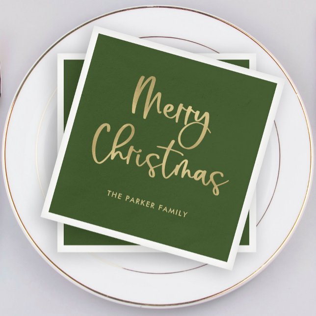 God jul | Faux Guld på skript för Avslappnad av Gr Pappersservett (Elegant green Christmas napkins with faux gold script)