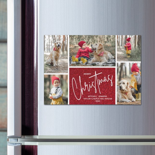 God Jul Fem Bilder Magnetisk Kort (Merry Christmas Five Photo Collage on Red Faux Glitter Magnetic Cards)