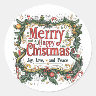 God jul Festive Art - Joy, Kärlek och Peace Runt Klistermärke