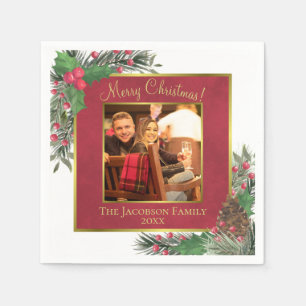 God jul Festive Holly Berries & Gräs Photo Pappersservett
