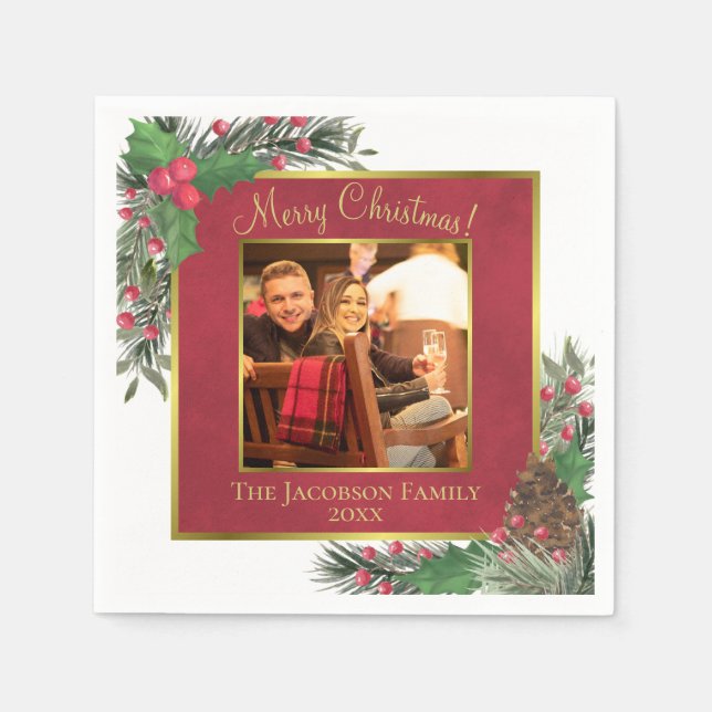 God jul Festive Holly Berries & Gräs Photo Pappersservett (Framsidan)