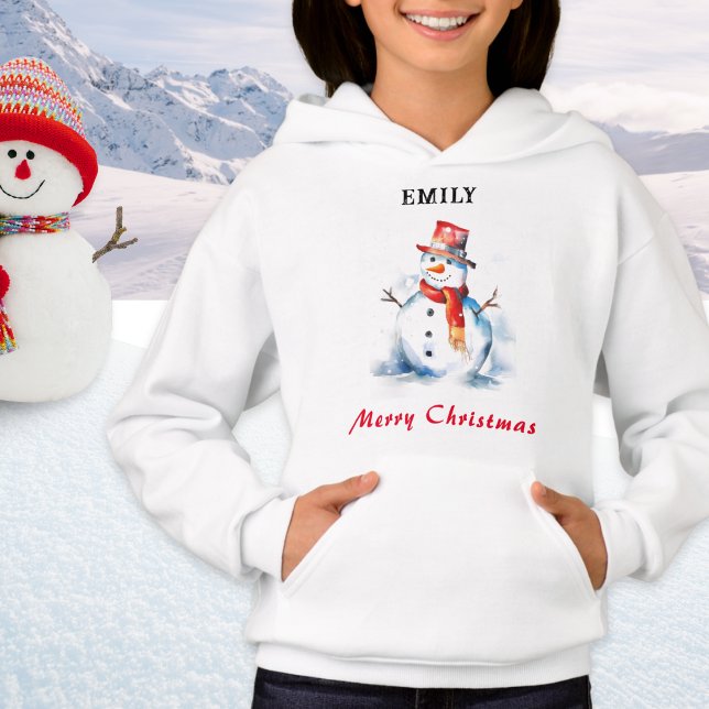 God jul Festive Personlig Snögubbe T Shirt (A personalized hoodie with snowman illustration in watercolor style and 'Merry Christmas' greeting)