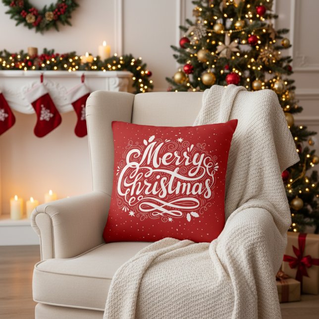God jul Festive Red and White Helgdag Kudde (Merry Christmas Festive Red and White Holiday Throw Pillow)