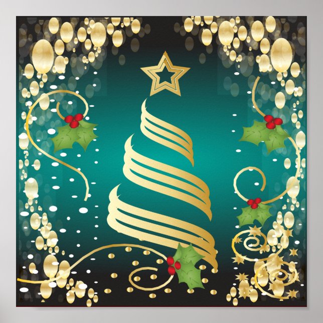 God jul Festive Turcos Blue och Guld Poster (Framsidan)