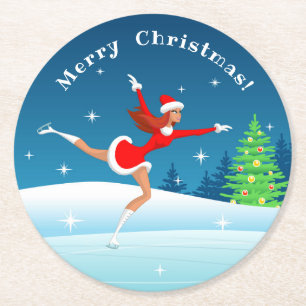 God jul Figur Skating Girl Papper Underlägg Rund