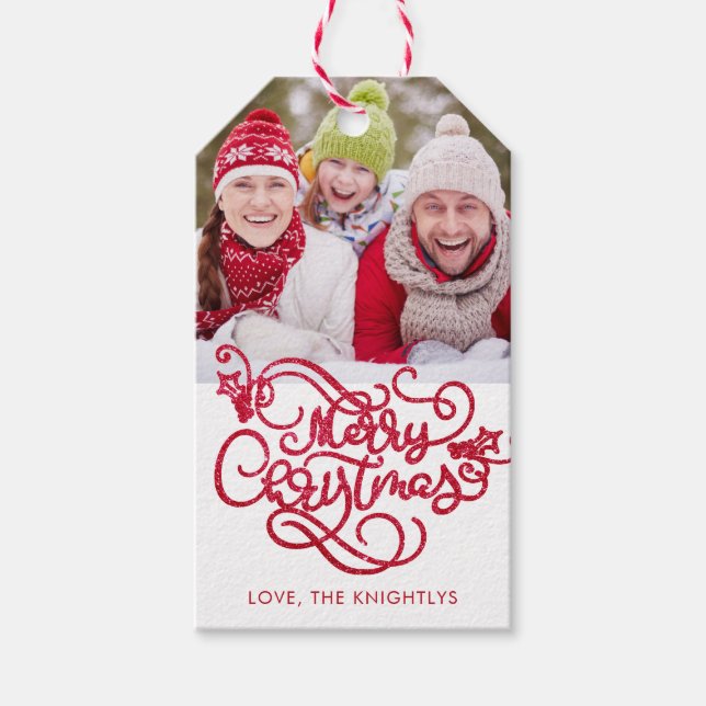 God jul Finare, skript Red Glitter Presentetikett (Framsidan)