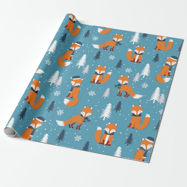 God jul Fir Träd Snö Fox White Blue Presentpapper (Utrullad)