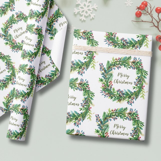 God jul firande krans presentpapper (Christmas Holiday Wreath Wrapping Paper with Merry Christmas text. greenery botanical eucalyptus)