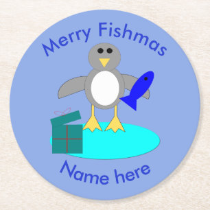 God jul Fishing Penguin Papper Underlägg Rund