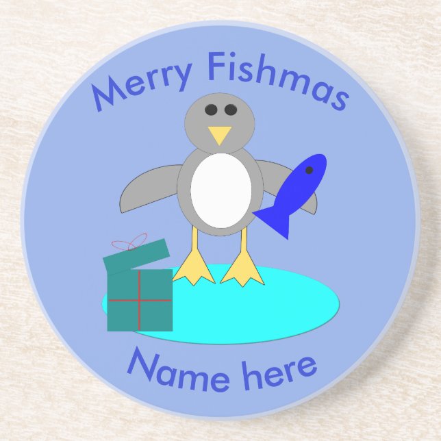 God jul Fishing Penguin Underlägg Sandsten (Framsidan)