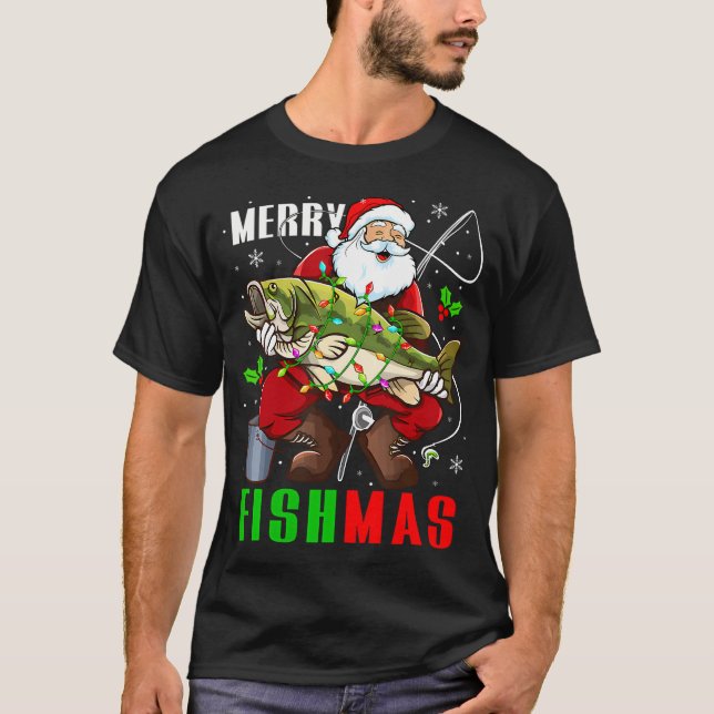 God Jul Fisk Rolig Tomte Håller Fisk Fisk T Shirt (Framsida)