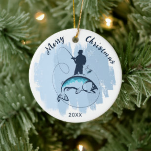 God jul Fiskare som fångar fiskprydnadsfiskar Julgransprydnad Keramik