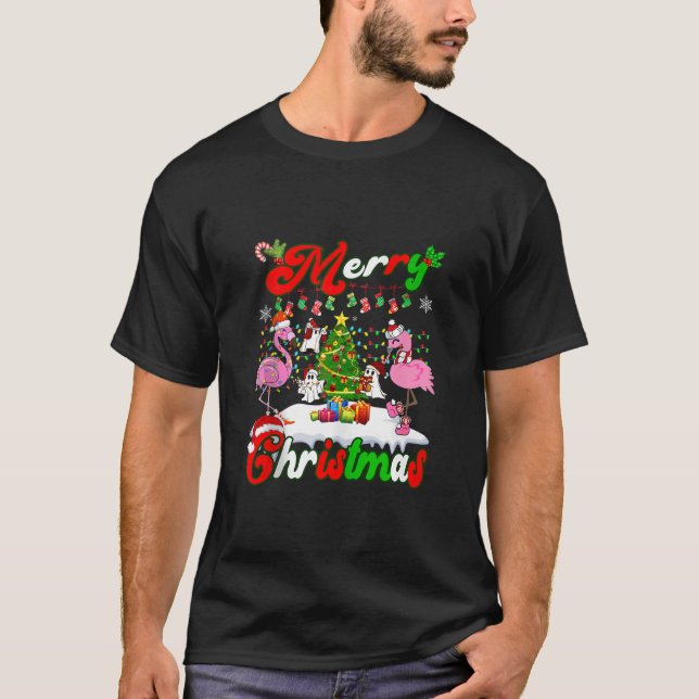 God jul Flamingo Cute Ghost Gräs Träd Julafton T Shirt (Framsida)