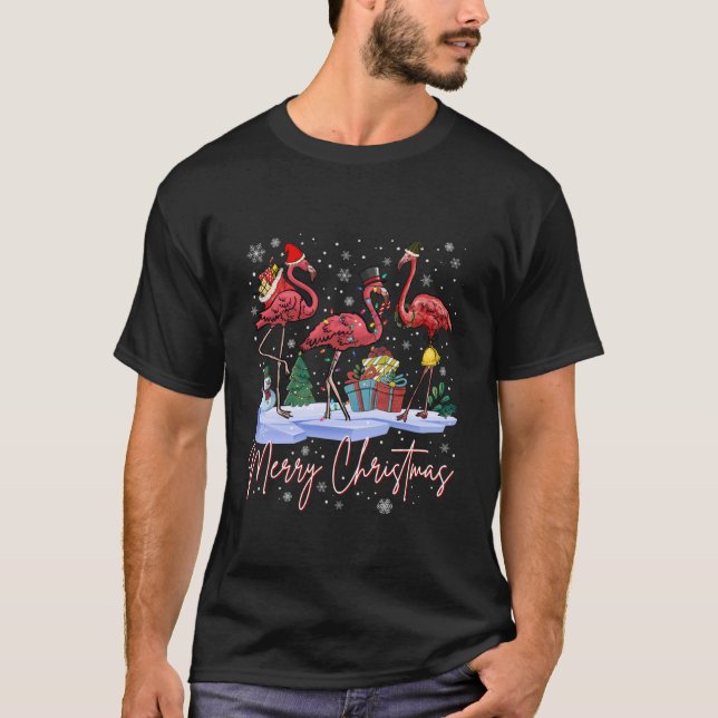 God Jul Flamingo Tomte Hatt Julbelysning Män T Shirt (Framsida)