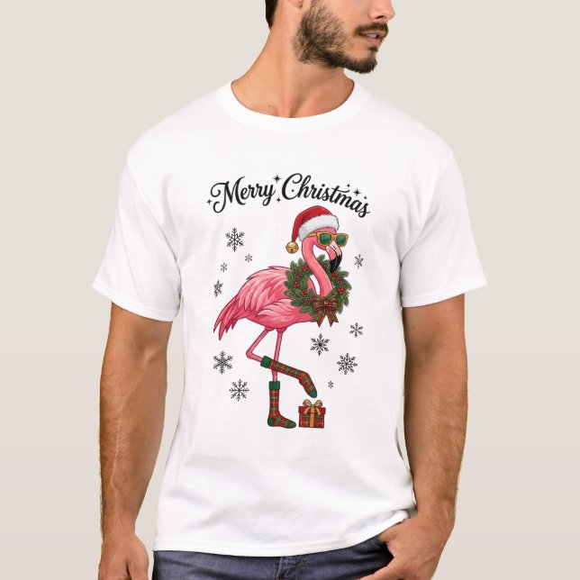 God Jul Flamingo Tomtehatt Krans T Shirt (Framsida)
