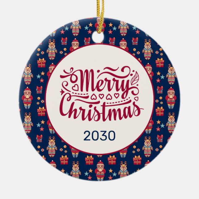 God jul Folk Santa Reindeer Blue Anpassningsbar Julgransprydnad Keramik (Framsidan)