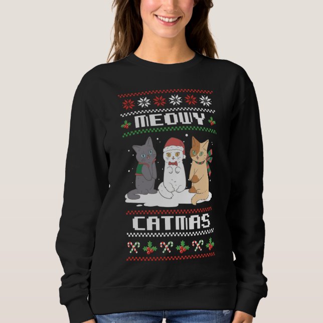 God jul för Cat Lover Cat Pajama julafton Meow T Shirt (Framsida)