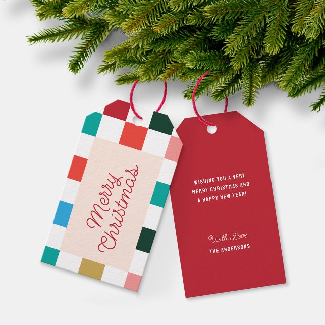 God jul för färgfull kontrollpanel för Retro-skrip Presentetikett (Merry Christmas Red Script Type Colorful Checkerboard Holiday Gift Tags)