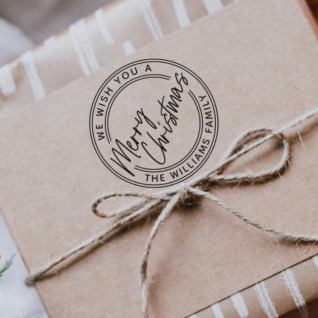 God jul för skriptbrev självfärgande stämpel (Modern hand lettered Merry Christmas self-inking holiday stamp for gifts, cards and envelopes, )