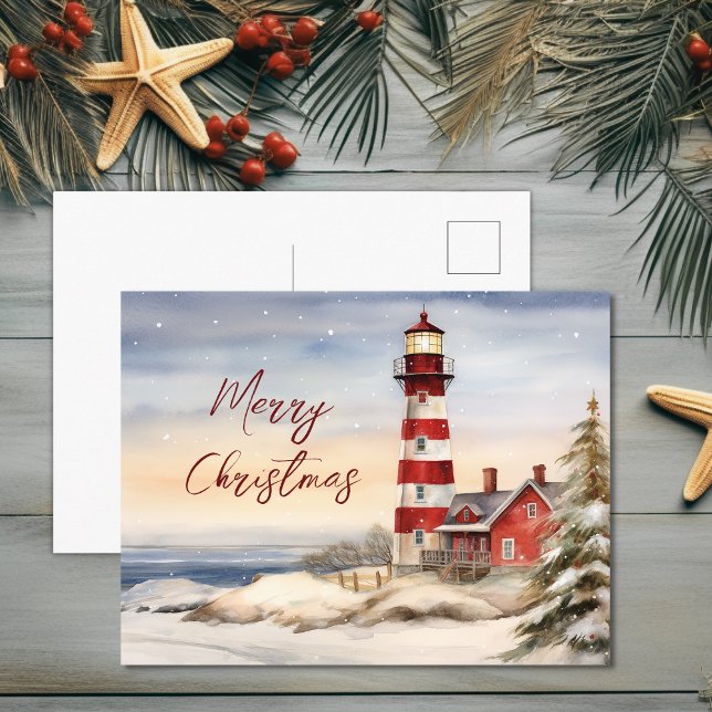 God jul för vackert Winter-fyr Helg Vykort (Beautiful Winter Lighthouse Scene Merry Christmas Holiday Postcard)