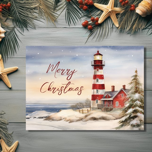 God jul för vackert Winter-fyr Helgkort (Front - Beautiful Winter Lighthouse Scene Merry Christmas Holiday Card)