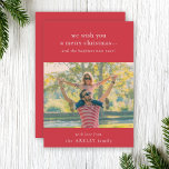 God Jul | Foto för Elegant Bright Red Family Julkort<br><div class="desc">Ett modernt fotoplatt i eleganten Julhälsningar kort med ett klassiskt typografiskt citat: "Vi önskar dig ett god jul.."och det lyckligaste nya året!" i vitt. Utformningen har en ljusröd funktion färg. Fotot, hälsning och namn kan enkelt anpassas efter en så unik design som du. En snyggt, minimalistisk och contemporary utformning för...</div>